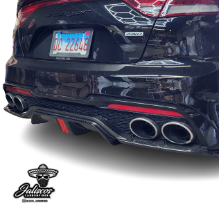 Rear view of the KIA STINGER showcasing the Carbon Fiber Diffuser with the integrated 3rd Brake Light, emphasizing its unique design and fit