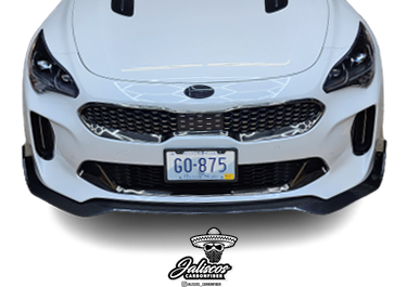 Close-up view of the Jalisco CarbonFiber Front Lip on a Kia Stinger, emphasizing the high-quality carbon fiber texture and durable build.