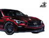 A front three-quarter view of a red Infiniti Q50 featuring a prominent grille with the Infiniti logo, aggressive headlights, and a sporty front bumper. The image is similarly edited with portions of the background erased and the 