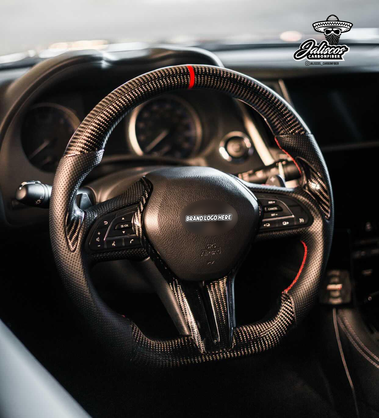 Jalisco's carbon fiber steering wheel for Infiniti Q50/Q60 with red stripe and leather grip.