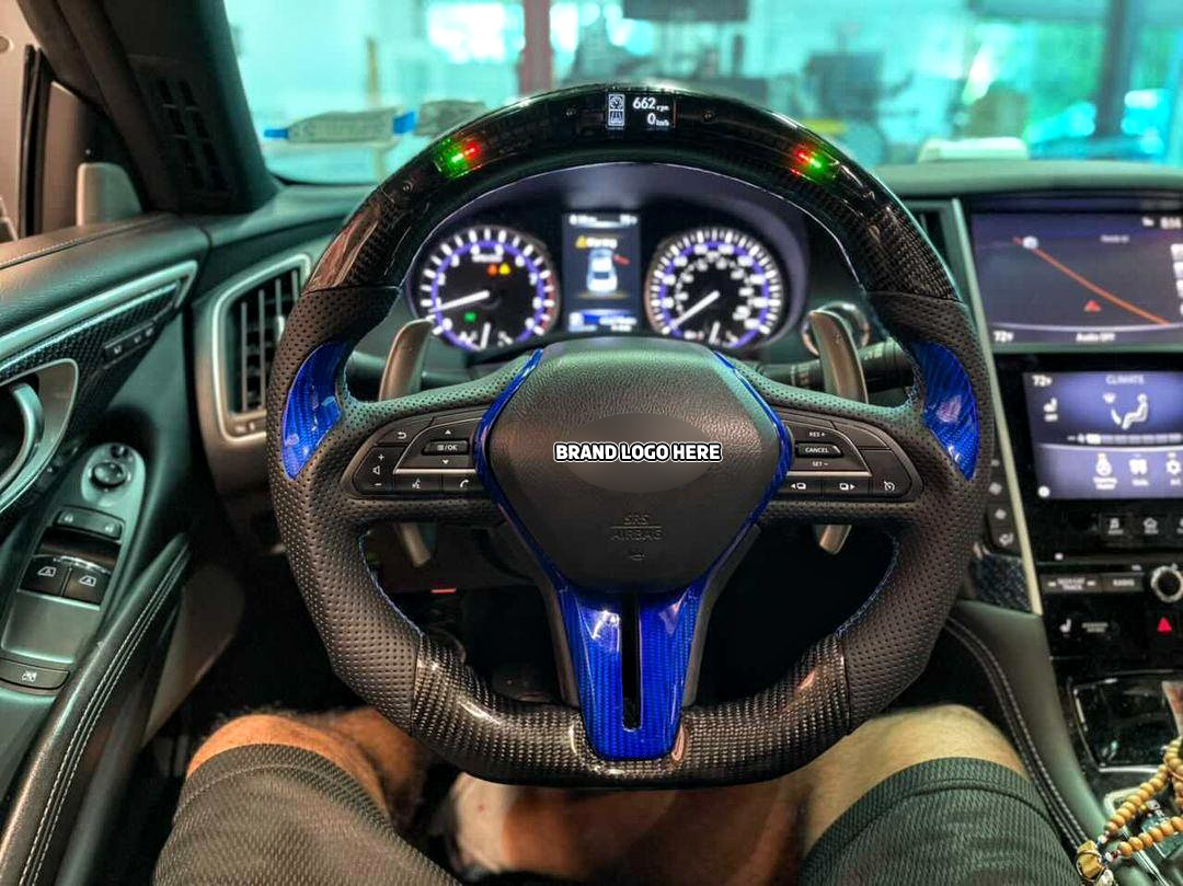 Jalisco's carbon fiber steering wheel with blue accent and LED screen stripe for Infiniti Q50/Q60.