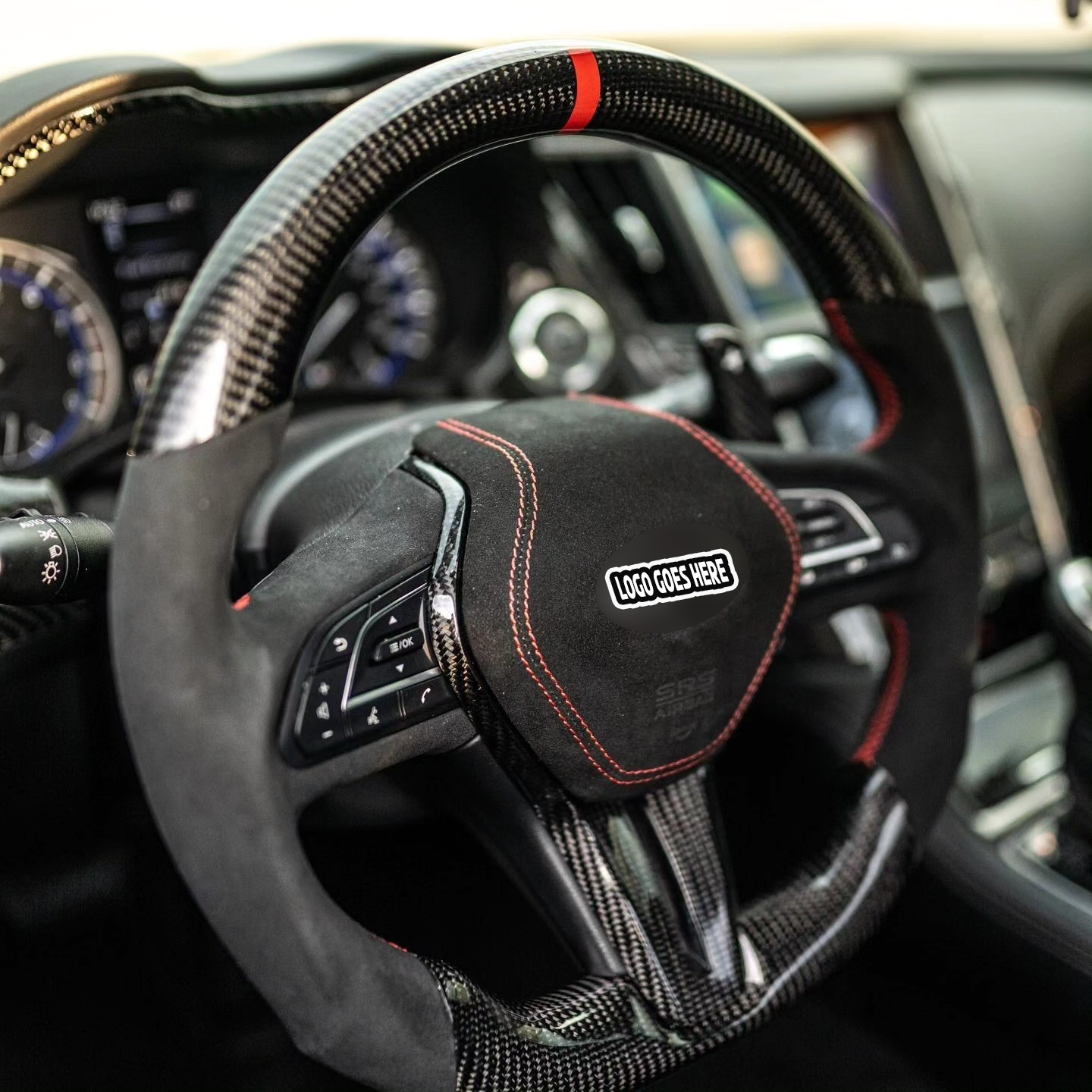 Jalisco's carbon fiber steering wheel for Infiniti Q50/Q60 with red stripe and silk grip handles