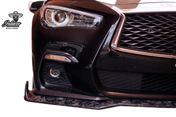Close-up of JCF 1-Piece Carbon Fiber Front Lip on Infiniti Q50 - precision fit for various year models.