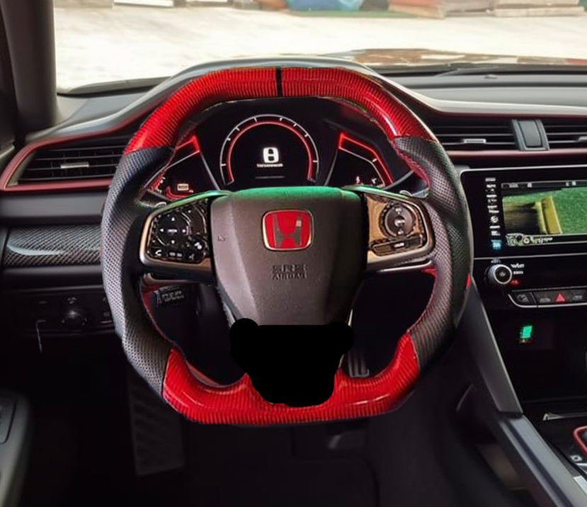 Custom carbon fiber steering wheel by Jalisco, specifically designed for a Honda Civic, showcasing intricate weaves and a polished finish