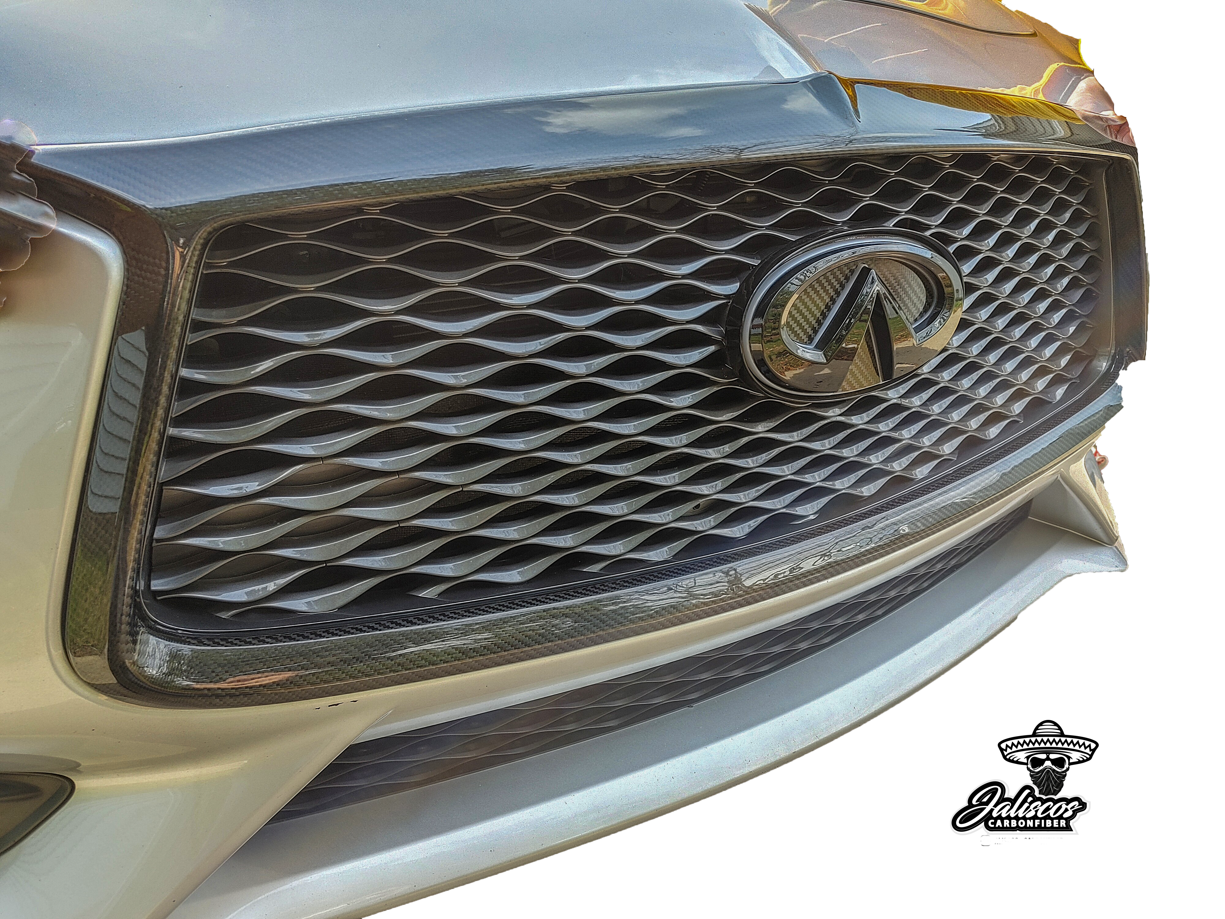 The high-quality weave of Jalisco's Real Carbon Fiber Grill Trim, ready to be applied on the Q50 or Q60 for a custom look.