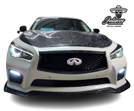 Infiniti Q60 with Carbon Fiber Eyelid Overlays installed, demonstrating the enhanced aesthetic appeal and fitment.
