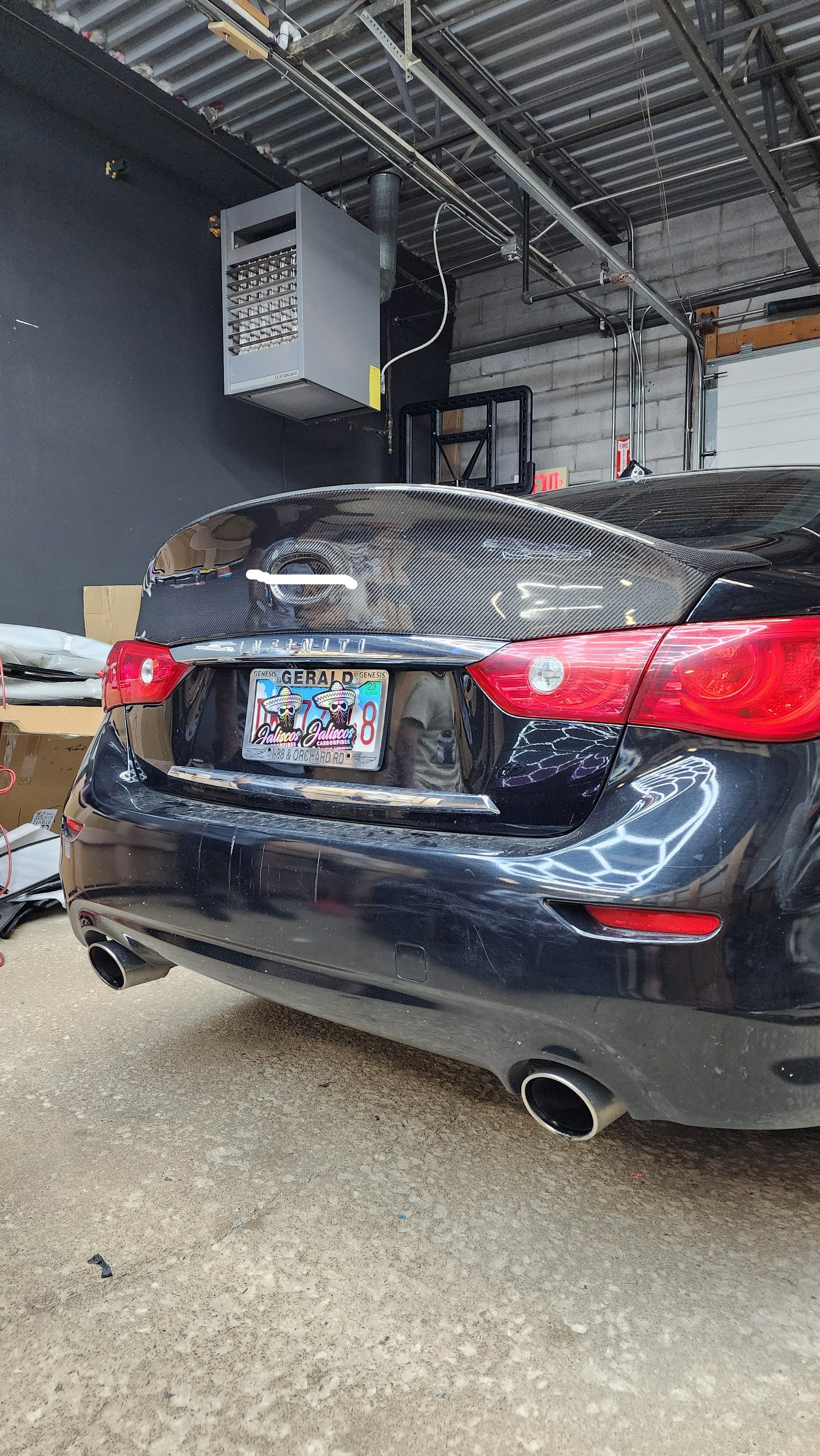 Jalisco's Q50 Half Duckbill Spoiler, made from premium carbon fiber, ready for easy installation with 3M tape.