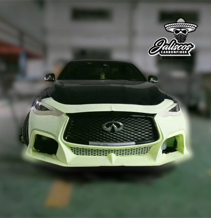 Front view of the JCF Project 'JCF' Front Bumper on a green Infiniti Q60