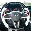 Load image into Gallery viewer, Jalisco&#39;s black carbon fiber steering wheel with gray accent, red-black partition, white grips, and red stripe for Infiniti Q50/Q60.