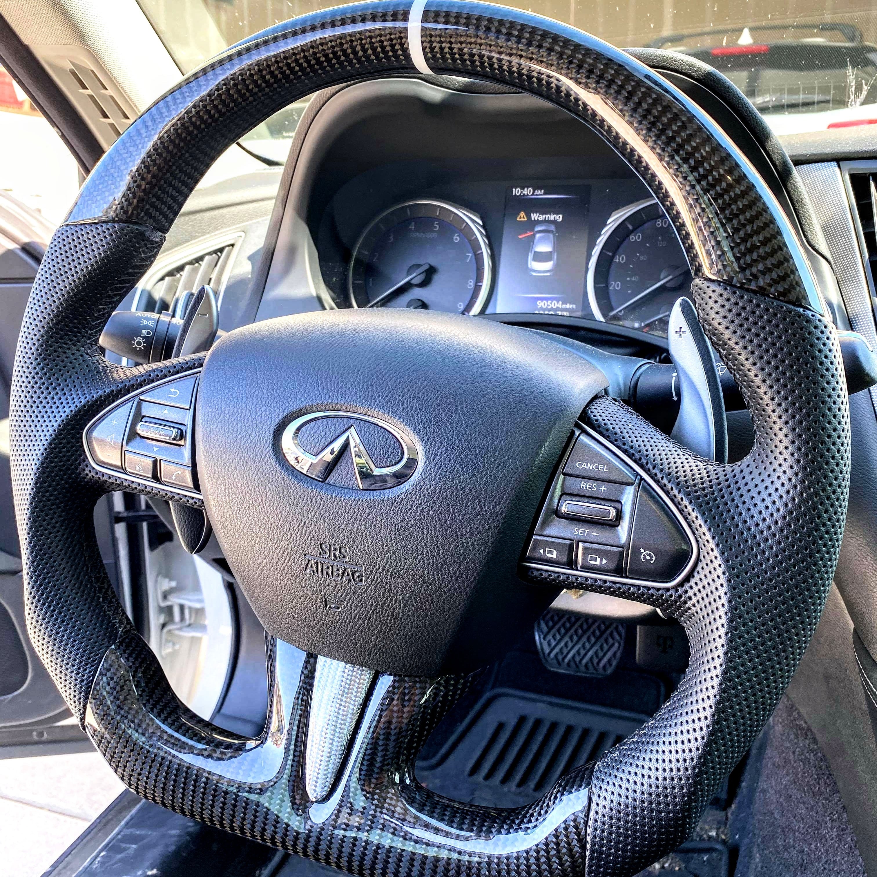Jalisco's CarbonFiber Steering Wheel with gray stitching, gray leather thumb grip, and a standout white stripe for Infiniti Q50 2014-2017