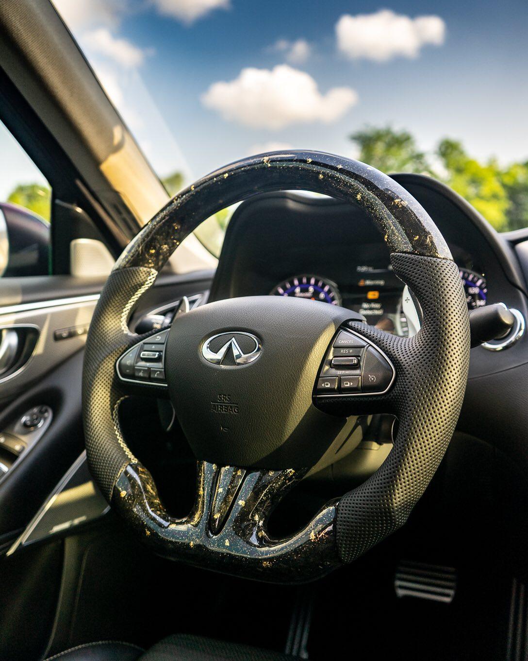Jalisco's unique forged CarbonFiber Steering Wheel with bright yellow stitching and no stripe for Infiniti Q50 2014-2017.