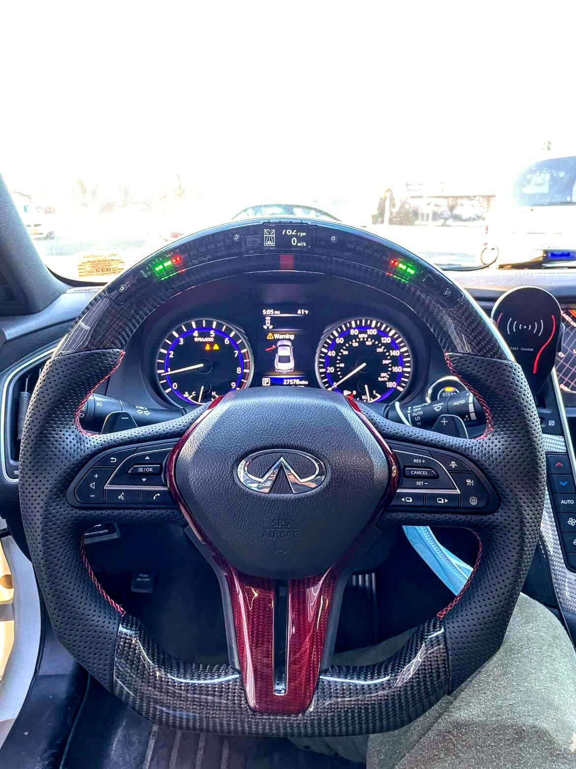Jalisco's carbon fiber steering wheel with dark red accent, LED indicator, and leather grip for Infiniti Q50/Q60