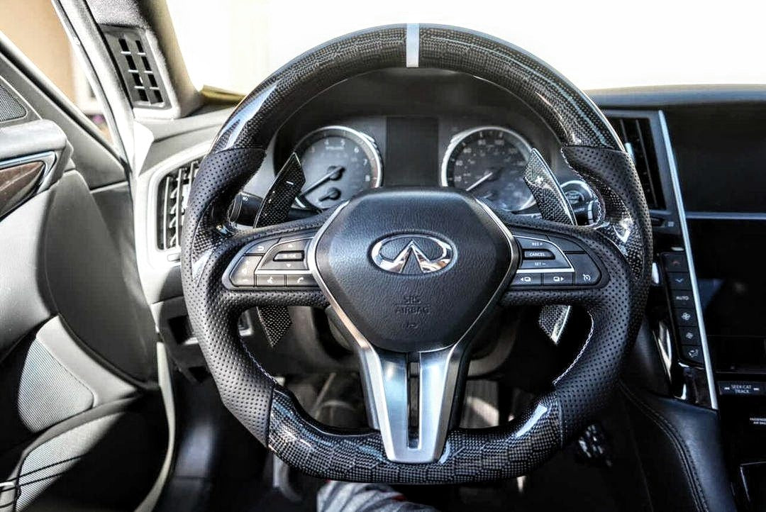 Jalisco's honeycomb carbon fiber steering wheel with light gray accent and white stripe for Infiniti Q50/Q60