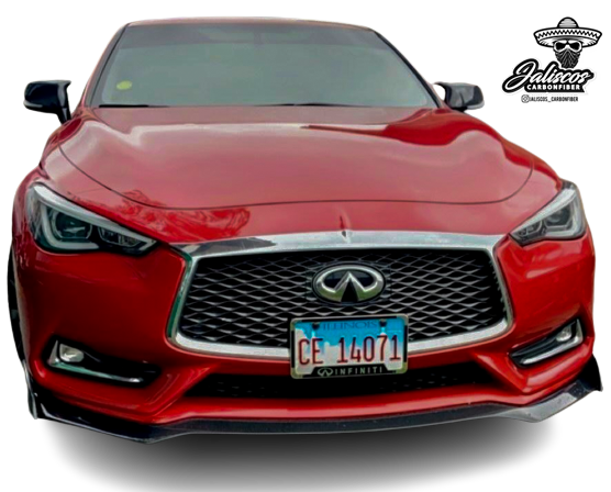 Red Infiniti Q60 equipped with Jalisco's Carbon Fiber Front Lip Splitter, enhancing the vehicle's sporty front bumper design