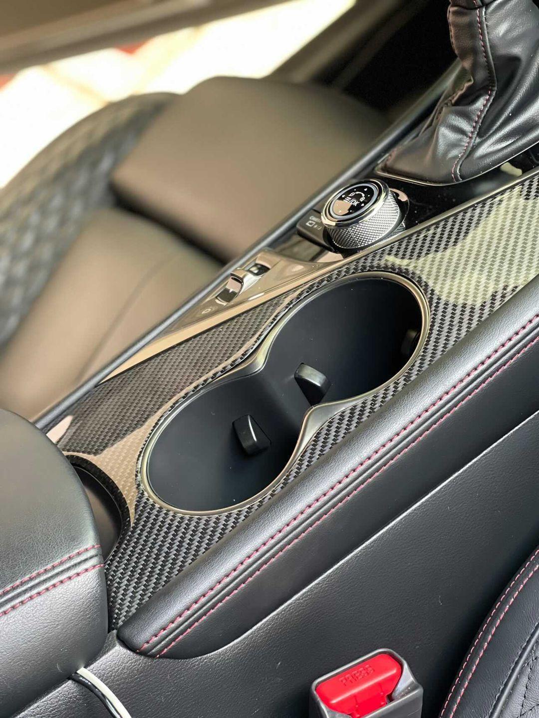 Close-up of JCF Real Carbon Fiber Overlay with No Hole Cutout for Infiniti Q50