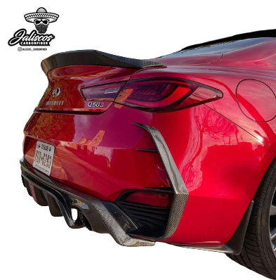 Jalisco's Carbon Fiber C Blade on red Infiniti Q60's rear, angled view showing dimension