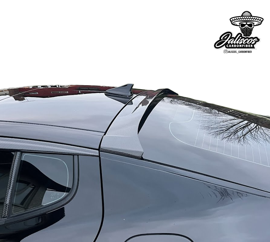 Jalisco CF Roof Spoiler for Kia Stinger, showcasing the glossy carbon fiber texture and aerodynamic design.