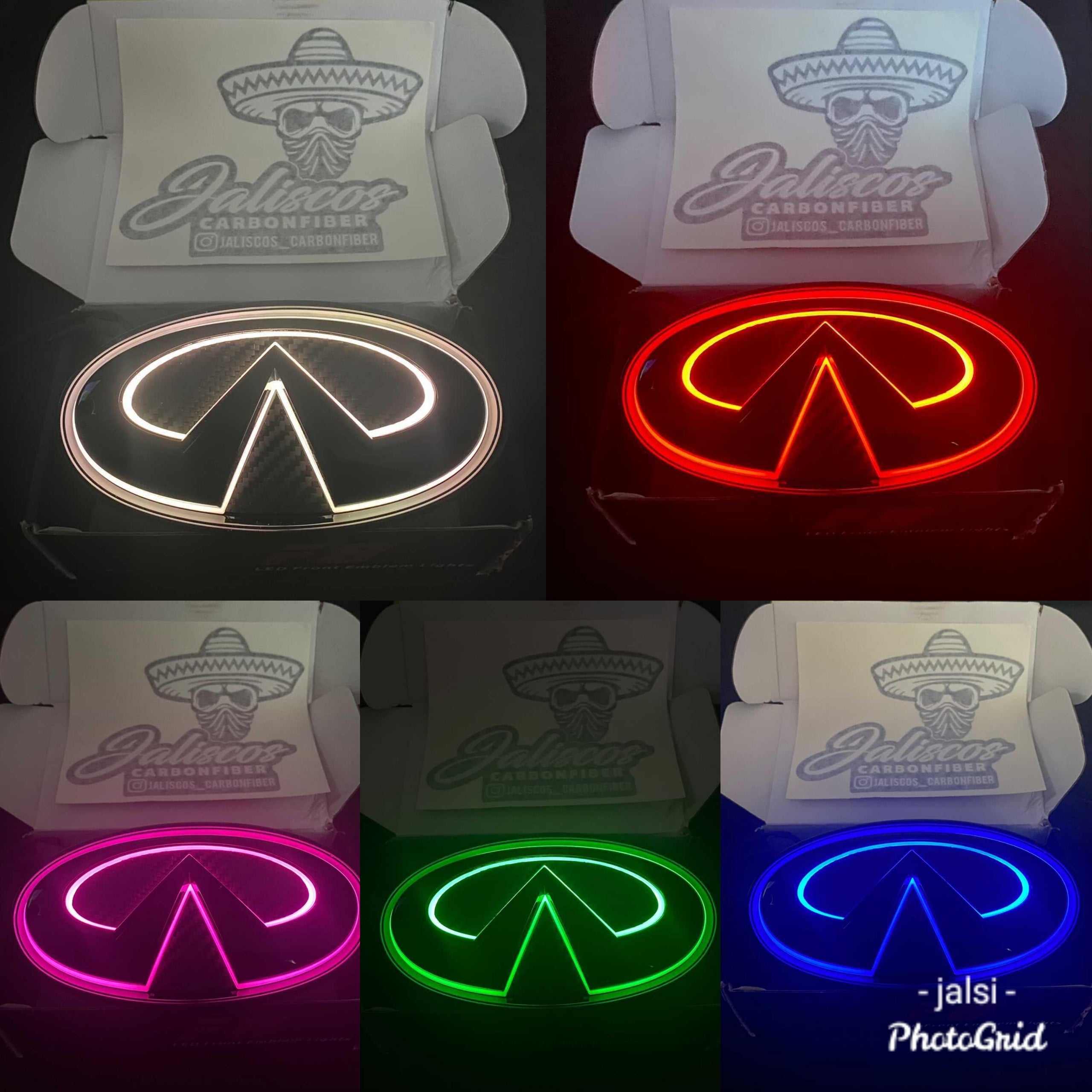 Jalisco's V2 LED RGB Infiniti Logo Emblem, showcasing vibrant color options with no grill bleed, for Q50 2014-2017.