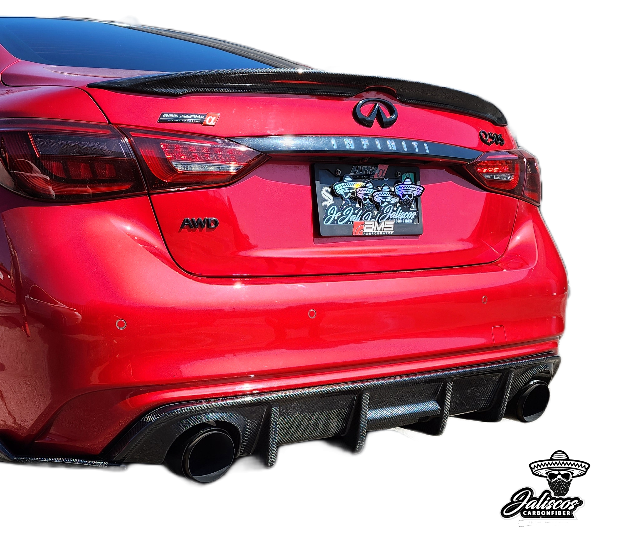 Jalisco's CF Carbon Fiber 'OG' Style Diffuser on a red Infiniti Q50 2018 model with a transparent background."