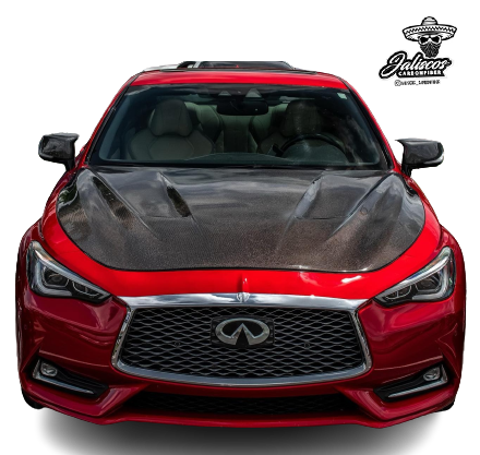 Front view of a red Infiniti Q60 equipped with the JCF Carbon Fiber Hood, showcasing a sporty aesthetic