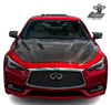 Front view of a red Infiniti Q60 equipped with the JCF Carbon Fiber Hood, showcasing a sporty aesthetic