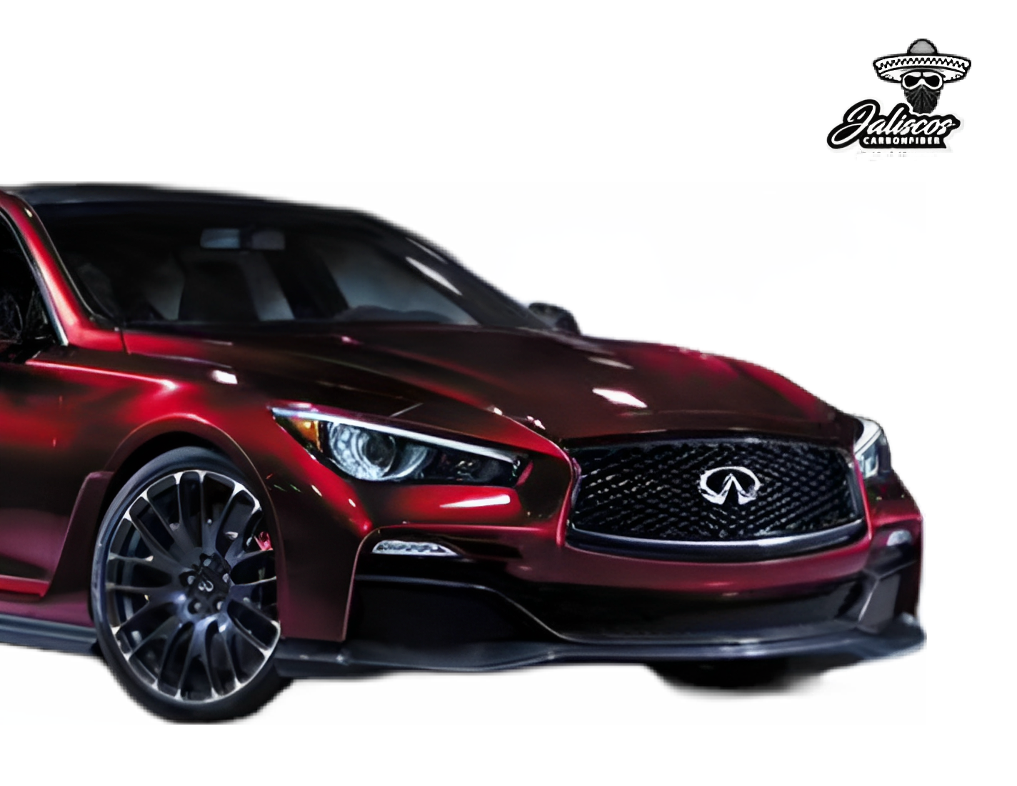 A front three-quarter view of a red Infiniti Q50 featuring a prominent grille with the Infiniti logo, aggressive headlights, and a sporty front bumper. The image is similarly edited with portions of the background erased and the "Jalisco Carbonfiber" logo in the upper right corner. The car exhibits a mix of luxury and performance characteristics.