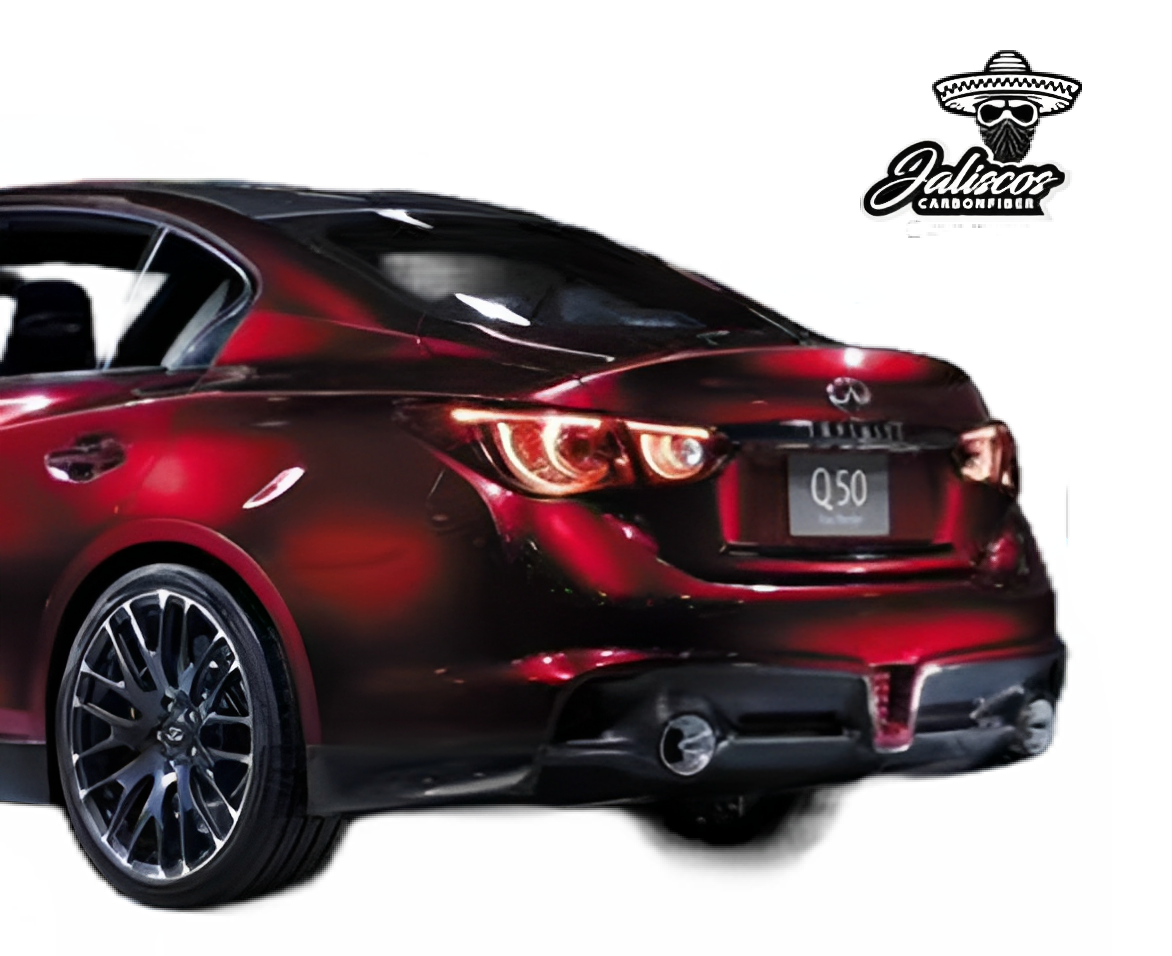 A red Infiniti Q50 luxury sedan from a rear three-quarter view, showing sleek taillights, dual exhausts, and sporty alloy wheels. The car's paint reflects light, indicating a glossy finish. Parts of the image background are digitally removed, and a logo "Jalisco Carbonfiber" is superimposed in the upper right corner.