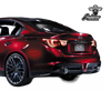 A red Infiniti Q50 luxury sedan from a rear three-quarter view, showing sleek taillights, dual exhausts, and sporty alloy wheels. The car's paint reflects light, indicating a glossy finish. Parts of the image background are digitally removed, and a logo 