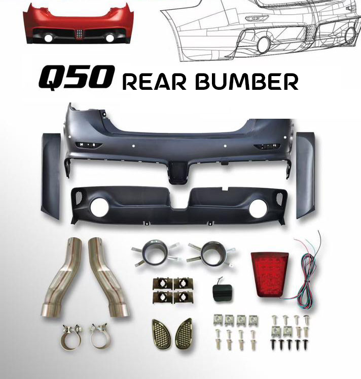 Infiniti Q50 rear bumper upgrade kit with components