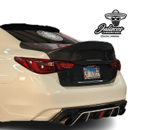 Premium JCF Carbon Fiber Trunk Replacement shown on Infiniti Q60 model, highlighting sleek design and seamless fit – Pre-Order Now.